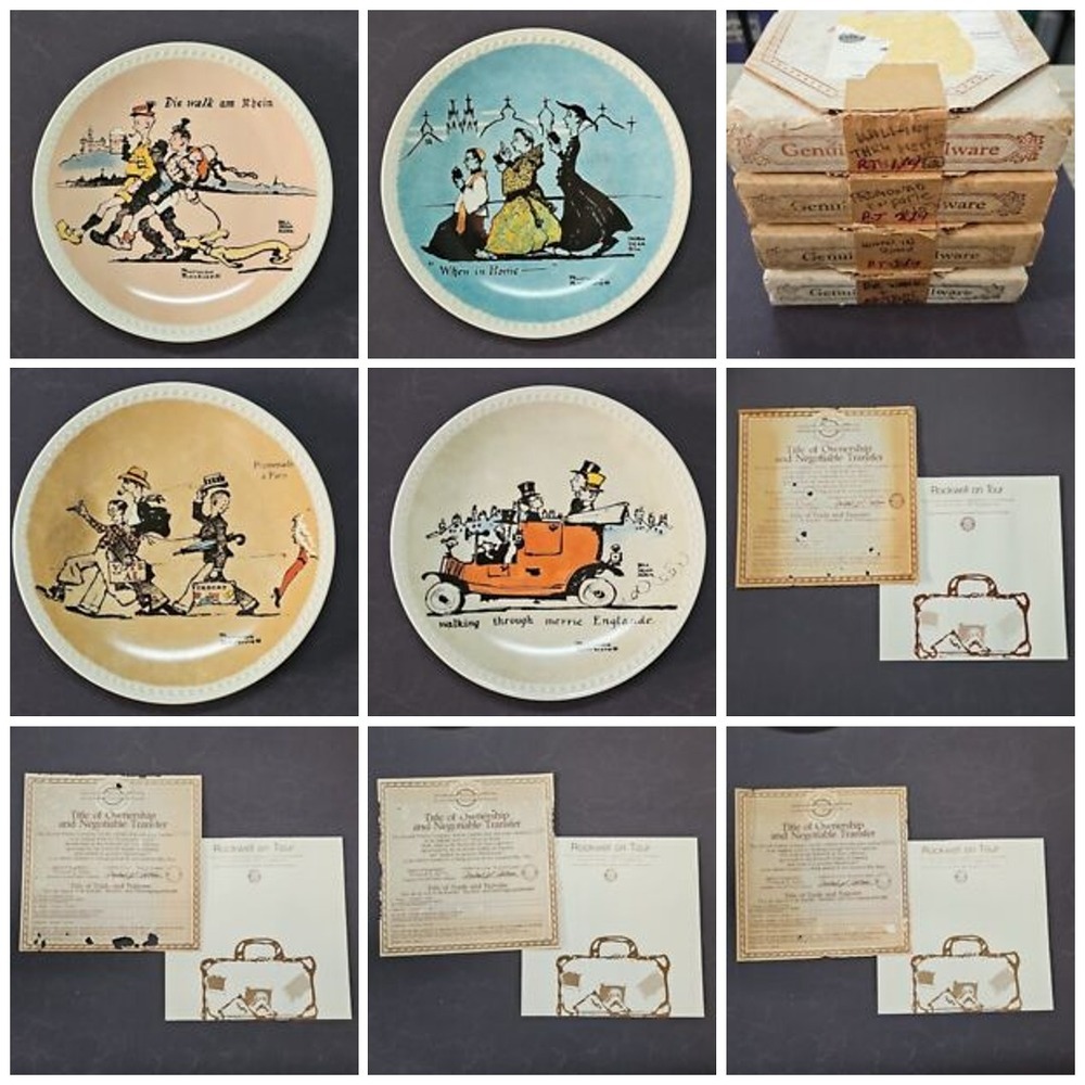 Norman Rockwell European Tour Newell Pottery Plate Set‎ 4pc Brand New